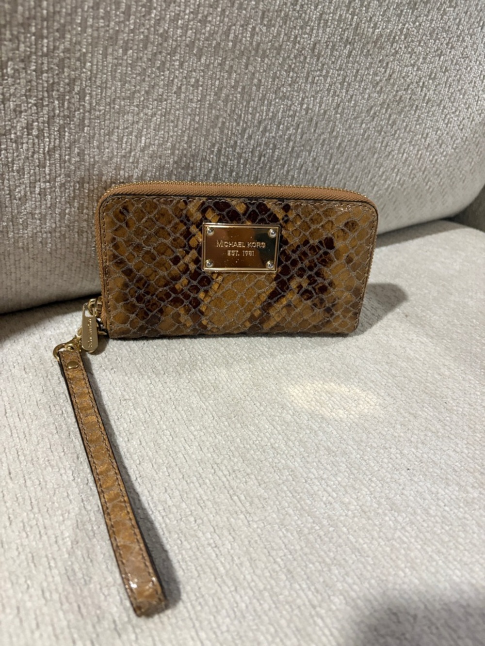 Michael Kors Tan Brown Snake-Embossed Wristlet